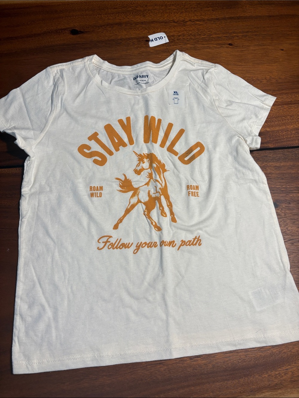 Old Navy Cream Short-Sleeve Tee with Orange 'Stay Wild' Horse Graphic